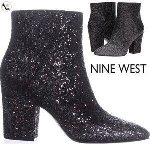 Nine West Savitra Black Grey Glitter Block Heel Booties Fashion Ankle Boots 8.5